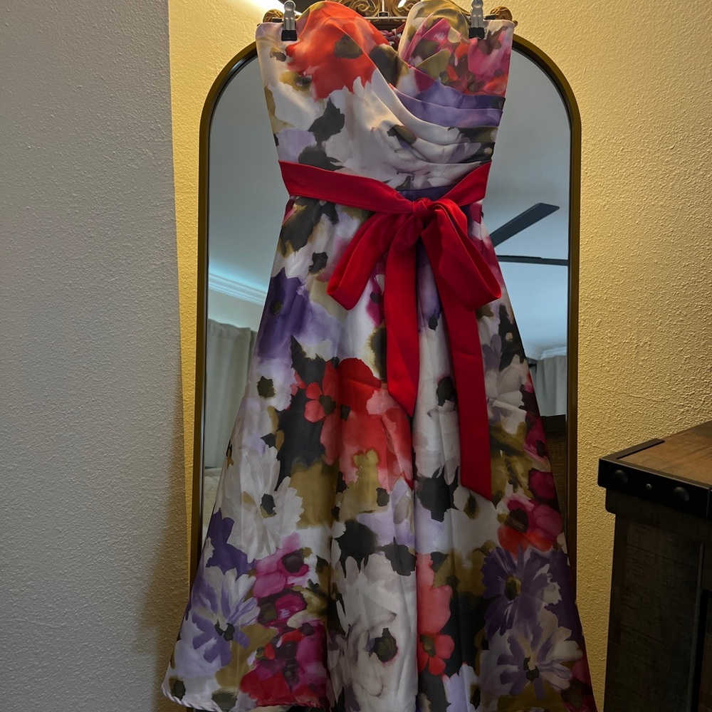 Mori Lee Floral Print Tea Length Dress